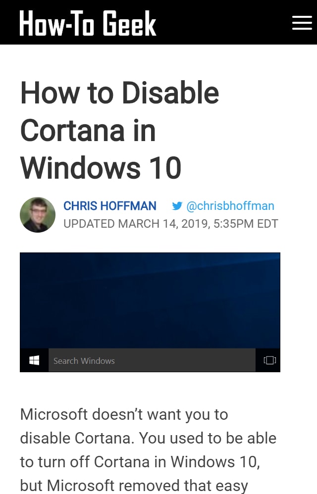 A web page showing how one would disable Cortana for Windows 10